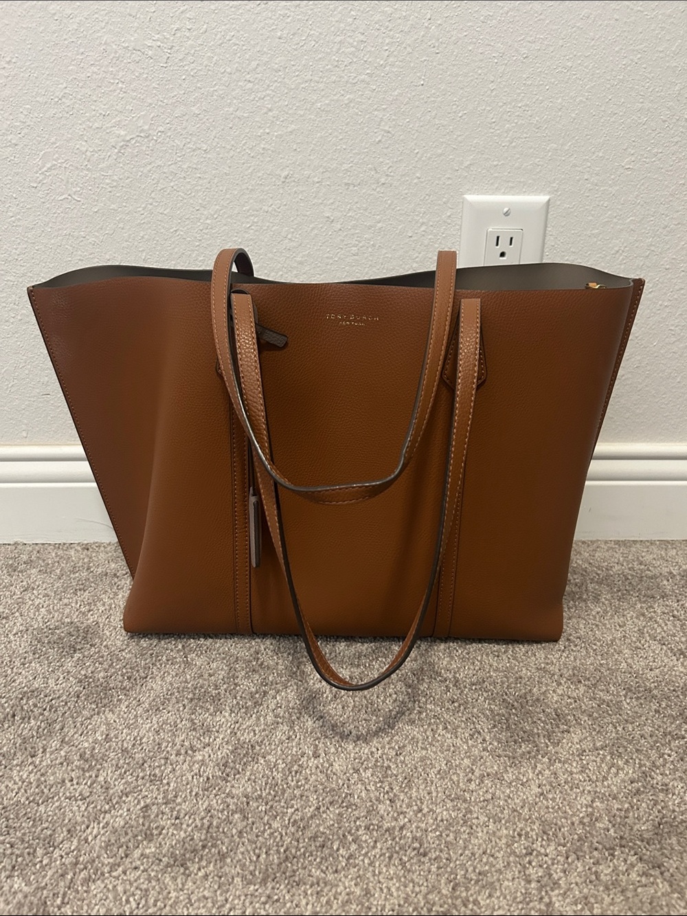 Tory Burch Cognac Pebbled Leather Tote with Taupe Tag Accents - Picture 2 of 14